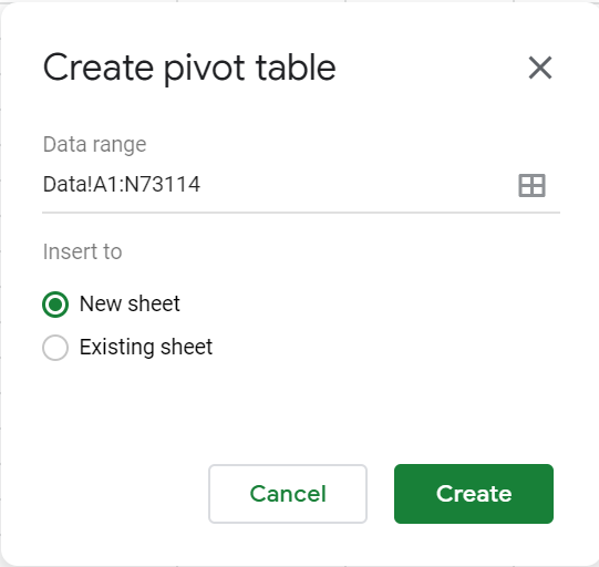 Create pivot table window in Google Sheets
