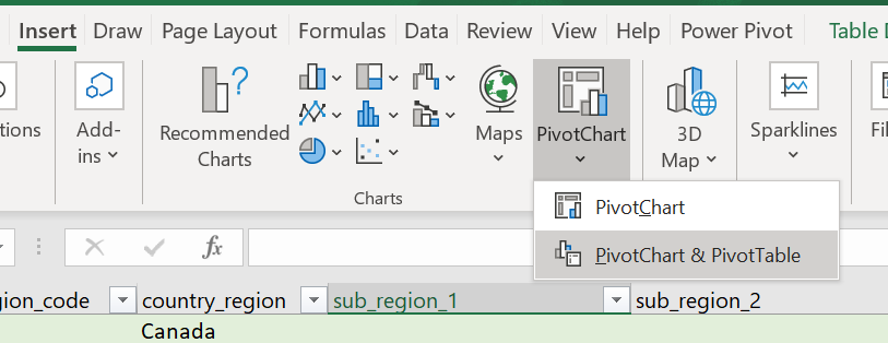 Create pivot table window in Excel