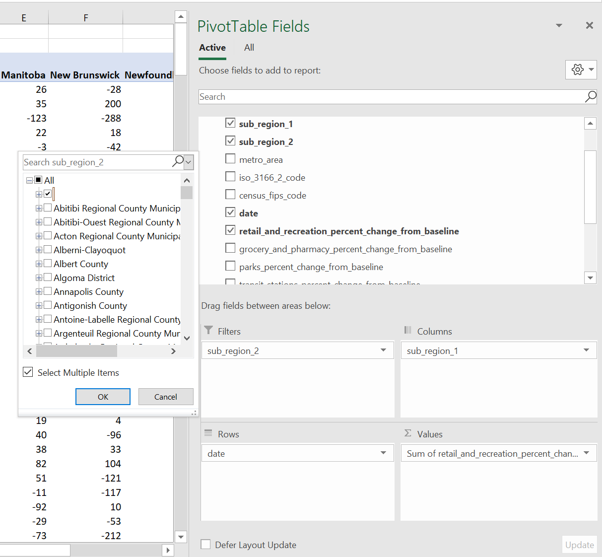 pivot table setup in Excel