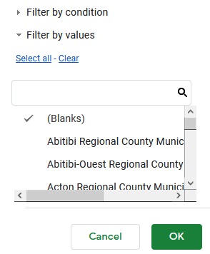 pivot table filter window in Google Sheets
