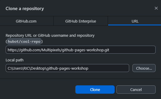 Image of GitHub Desktop clone repo interface