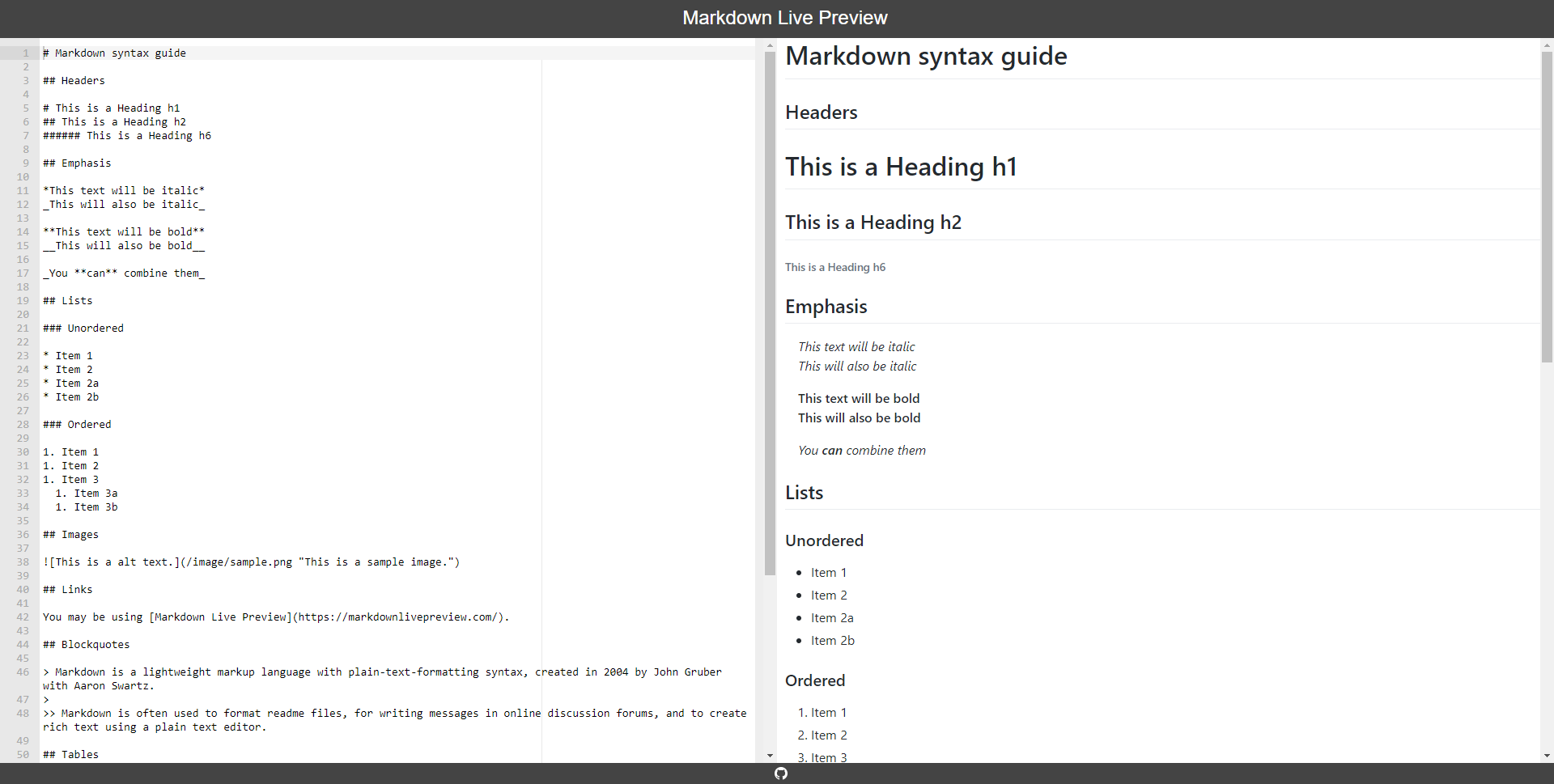 Front page of Markdown Live Preview