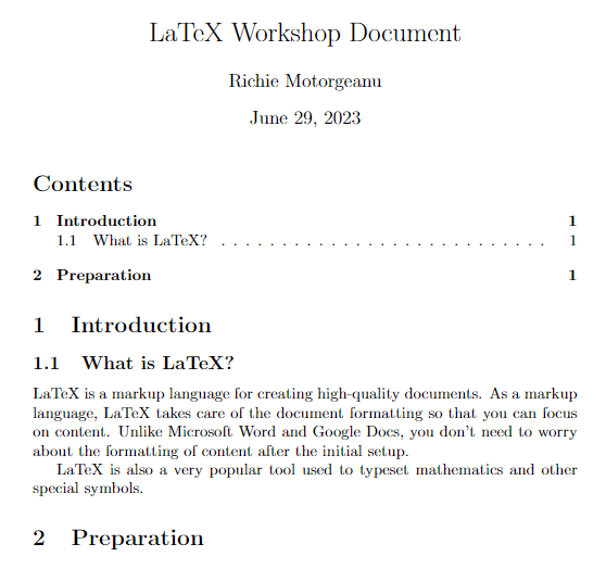 latex document with table of contents