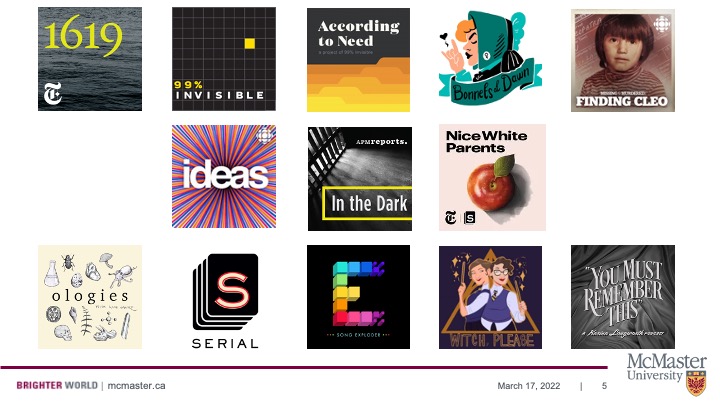 graphic collateral for podcasts listed below arranged alphabetically in three rows.