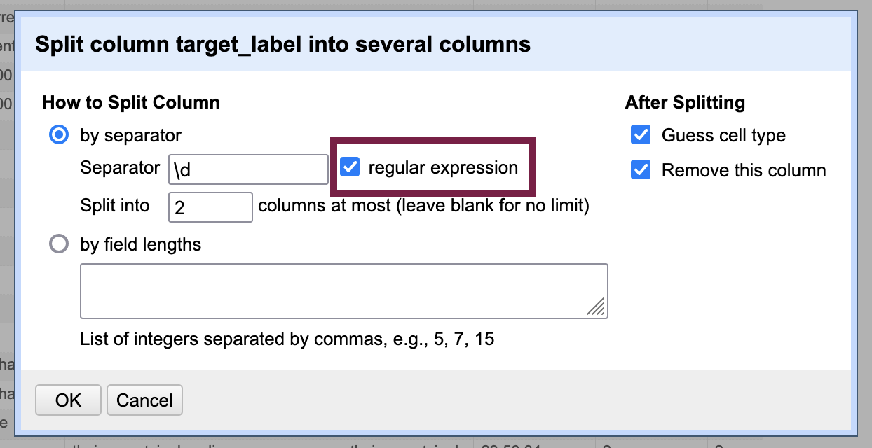 choosing to split column by separator and using regular expressions