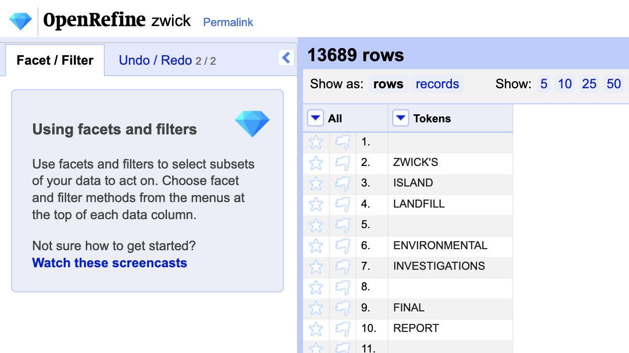 screenshot of tokenized rows