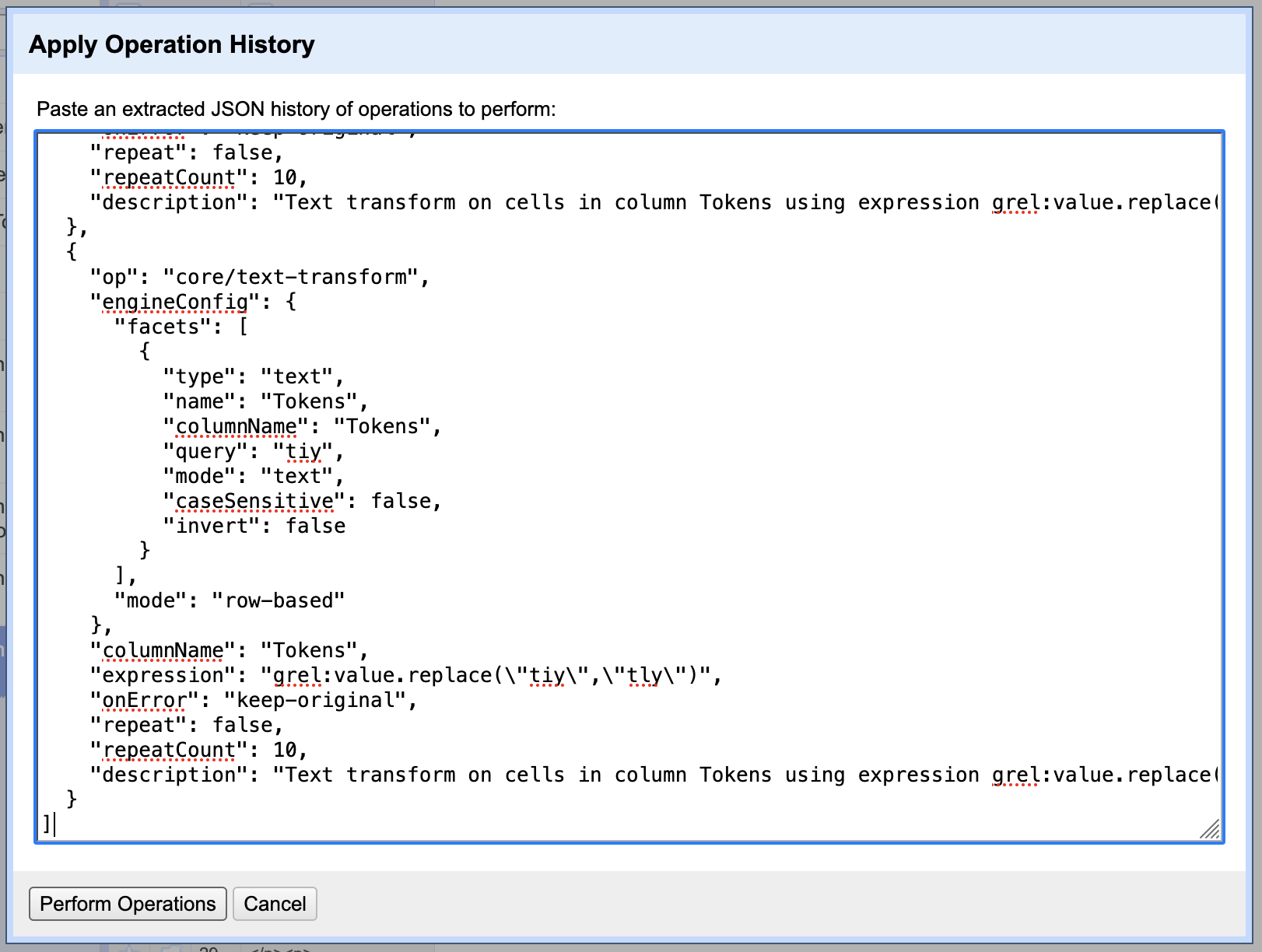 apply operation history window, allowing you to repeat operations from a JSON file