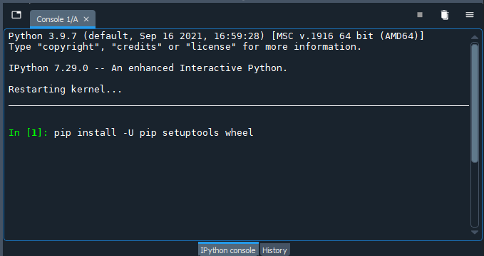 the interactive python console with 'pip install -U pip setuptools wheel' inputted