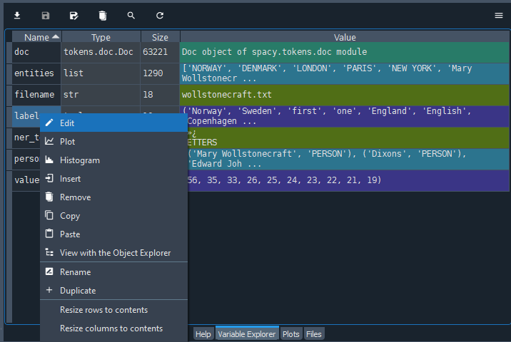 Screenshot of Variable Explorer pane showing the contextual menu for 'label'