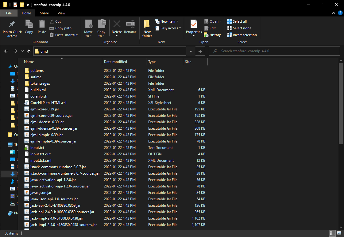 Screenshot of stanford-corenlp-4.4.0 folder in Windows with 'cmd' typed into the folder address bar