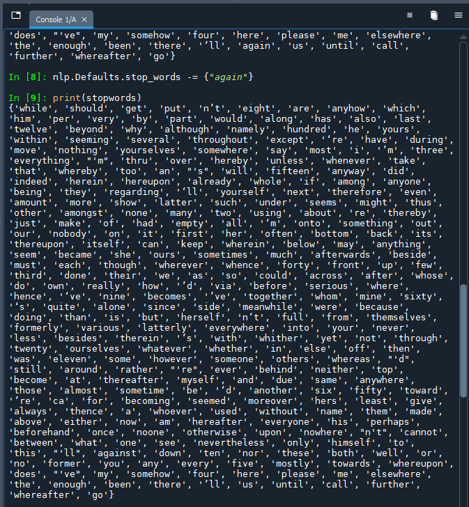 console log of all the stopwords being printed out -- words like 'while', 'should', and 'get'