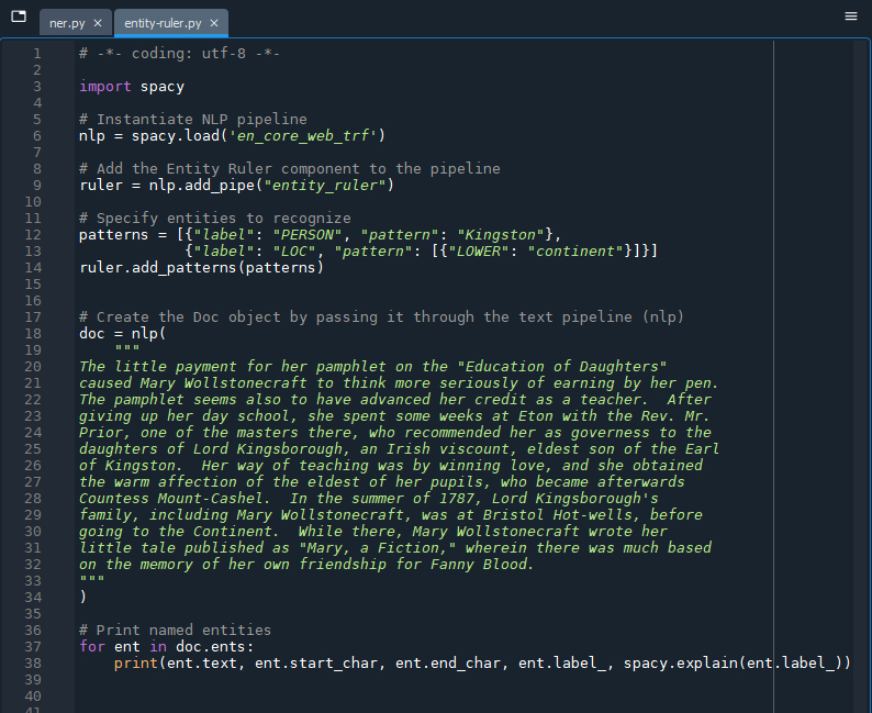 screenshot of the entire code written in 'entity-ruler.py'