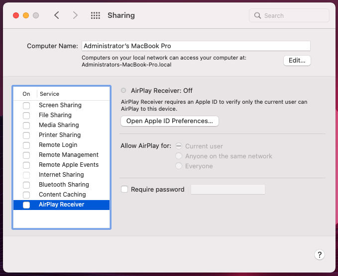the sharing window on MacOS with AirPlay Reciever settings selected